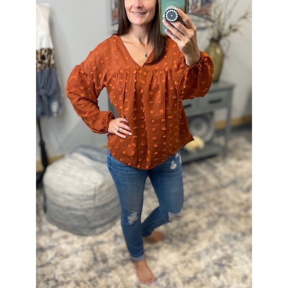 Swiss Dot Long Bubble Sleeve V-Neck Floaty Top Rust 3521 - Picture 8 of 9